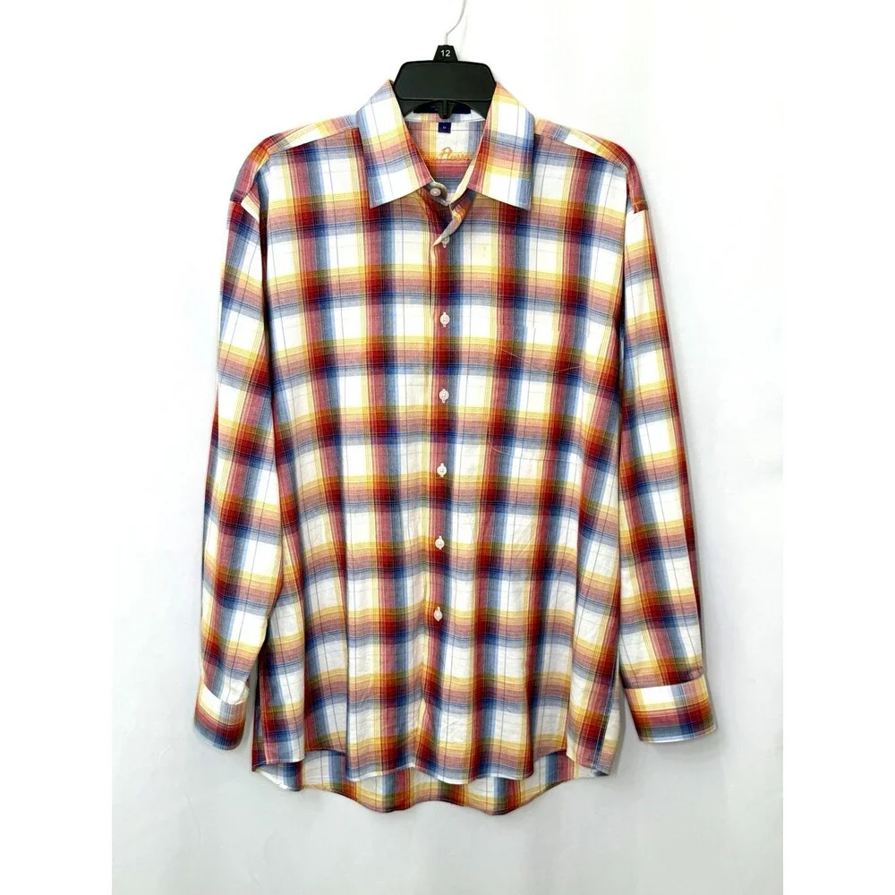 Alan Flusser Mens Shirt Medium M Rainbow Plaid Cotton Long Sleeve Button Down